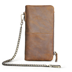 Tan Leather Men's Biker Chain Wallet Cool Trifold Biker Long Wallet with Chain For Men