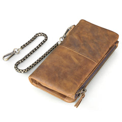 Tan Leather Men's Biker Chain Wallet Cool Trifold Biker Long Wallet with Chain For Men