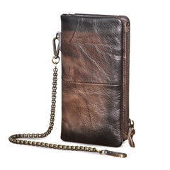 Cool Leather Men's Biker Chain Wallet Trifold Biker Long Wallet with Chain For Men