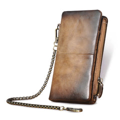 Tan Leather Men's Biker Chain Wallet Cool Trifold Biker Long Wallet with Chain For Men