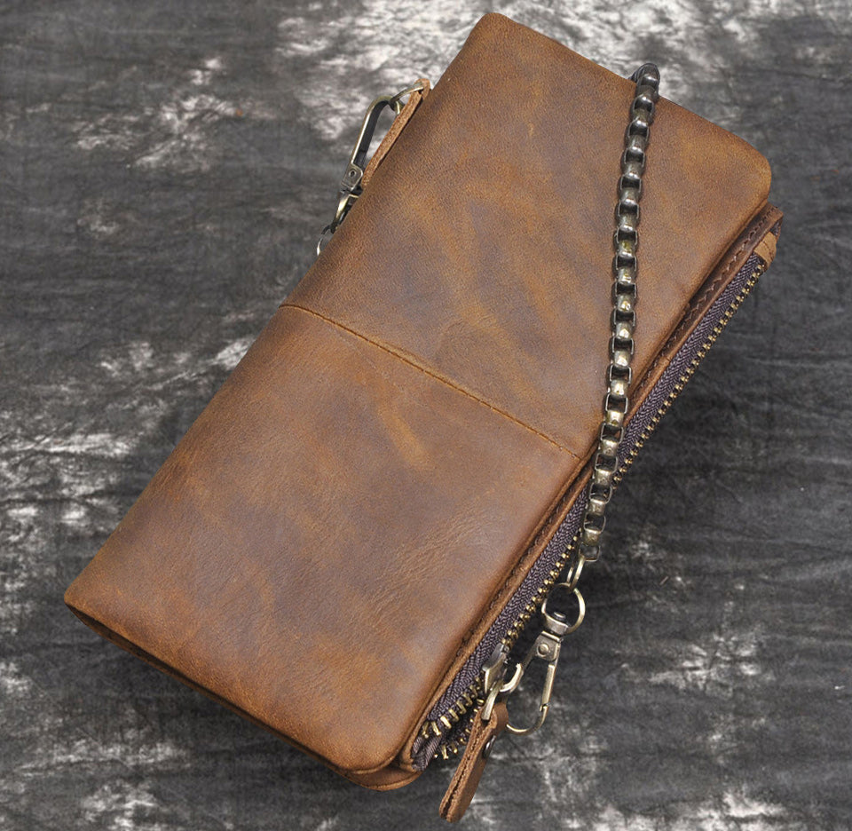 Tan Leather Men's Biker Chain Wallet Cool Trifold Biker Long Wallet with Chain For Men