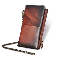 Tan Leather Men's Biker Chain Wallet Cool Trifold Biker Long Wallet with Chain For Men