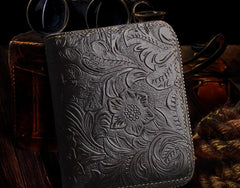 Handmade Leather Floral Mens Zipper Cool billfold Wallet Card Holder Small Card Slim Wallets for Men