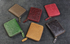 Handmade Leather Floral Mens Zipper Cool billfold Wallet Card Holder Small Card Slim Wallets for Men