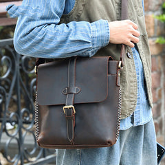 Vintage Coffee Leather Mens Side Bag Vertical Messenger BAG School Courier Bag FOR MEN