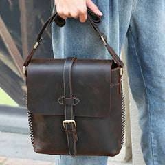 Vintage Coffee Leather Mens Side Bag Vertical Messenger BAG School Courier Bag FOR MEN