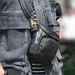 Vintage Black Leather Mens Belt Bag Mini Shoulder Bag Waist Pouch Side Bags For Men