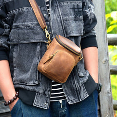 Brown Leather Mens Belt Bag Mini Shoulder Bag Vintage Waist Pouch Side Bags For Men