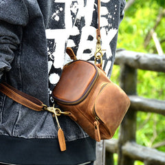 Vintage Black Leather Mens Belt Bag Mini Shoulder Bag Waist Pouch Side Bags For Men