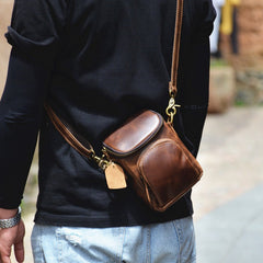 Vintage Black Leather Mens Belt Bag Mini Shoulder Bag Waist Pouch Side Bags For Men