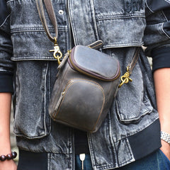 Vintage Black Leather Mens Belt Bag Mini Shoulder Bag Waist Pouch Side Bags For Men
