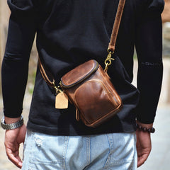 Vintage Black Leather Mens Belt Bag Mini Shoulder Bag Waist Pouch Side Bags For Men