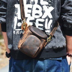 Vintage Black Leather Mens Belt Bag Mini Shoulder Bag Waist Pouch Side Bags For Men