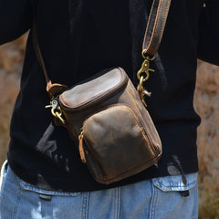 Vintage Black Leather Mens Belt Bag Mini Shoulder Bag Waist Pouch Side Bags For Men