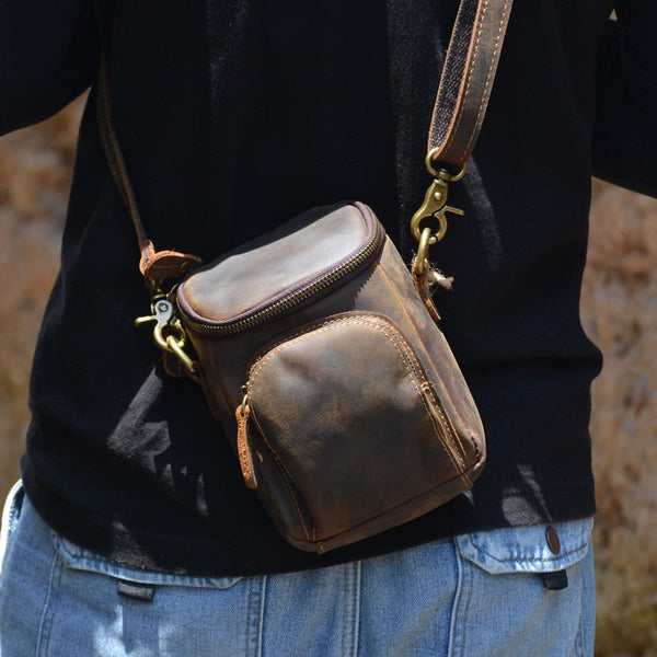 Vintage Coffee Leather Mens Belt Bag Mini Shoulder Bag Waist Pouch Side Bags For Men