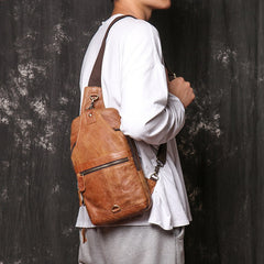 Vintage Brown Leather Sling Packs Sling Bags Chest Bags Leather Sling Crossbody Pack Travel Bag For Men