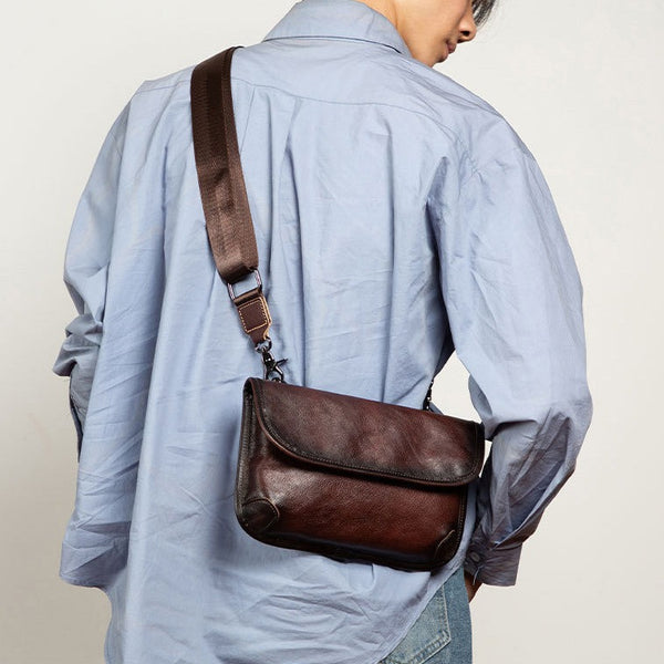 Vintage Brown Leather iPad Side Bag Messenger Bags Crossbody Purse for Men