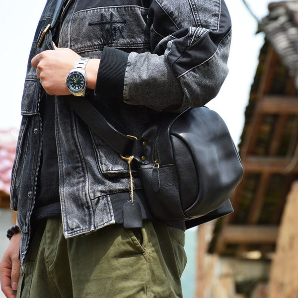 Vintage Black Small Leather Messenger Bag Men's Side Bag Around Phone Bag Courier Bag For Men