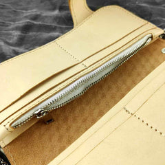 Handmade Beige Tooled Leather Men's Bifold Long Wallet Cool Biker Chain Wallet For Men - iwalletsmen