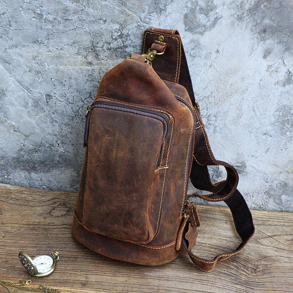 Vintage Large Leather Mens Sling Bag Brown Sling Pack Sling Backpack for Men - iwalletsmen