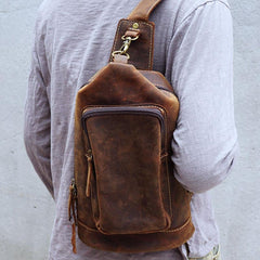Vintage Large Leather Mens Sling Bag Brown Sling Pack Sling Backpack for Men - iwalletsmen