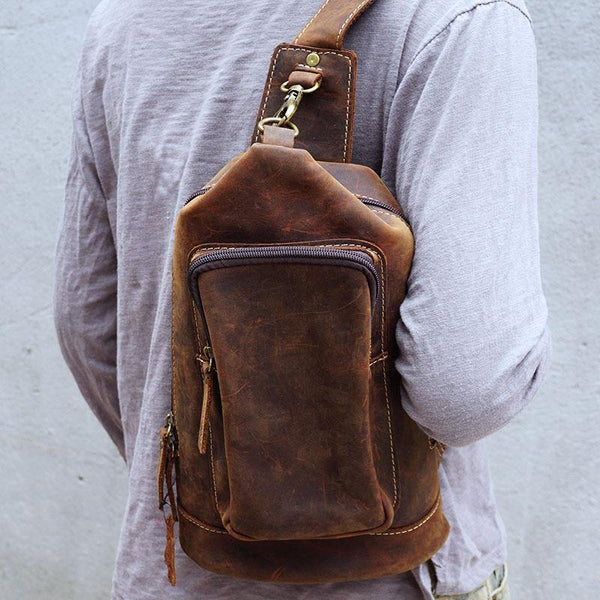 Vintage Large Brown Leather Mens Sling Bag Sling Pack Sling Backpack for Men - iwalletsmen