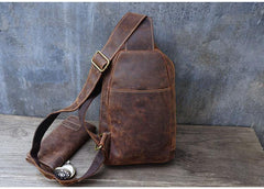 Vintage Large Leather Mens Sling Bag Brown Sling Pack Sling Backpack for Men - iwalletsmen