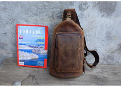 Vintage Large Leather Mens Sling Bag Brown Sling Pack Sling Backpack for Men - iwalletsmen