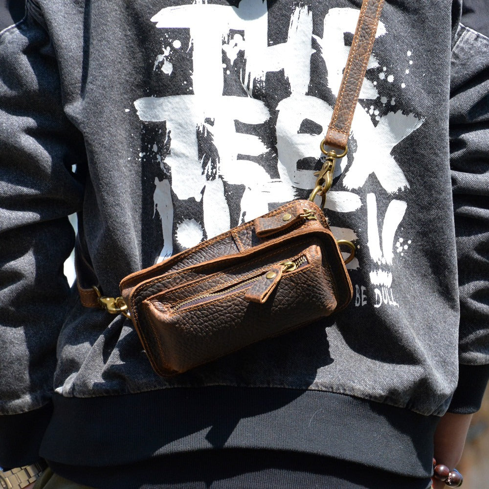 Vintage Leather Belt Pouch Men's Brown Phone Shoulder Bag Chest Bag Phone Sling Bag For Men