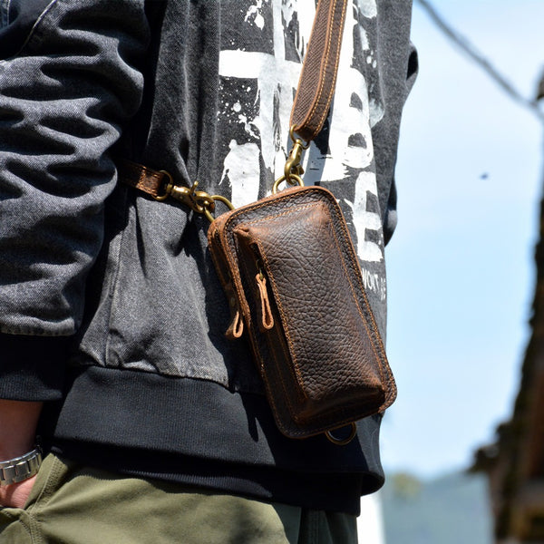 Vintage Leather Belt Pouch Men's Brown Phone Shoulder Bag Chest Bag Phone Sling Bag For Men