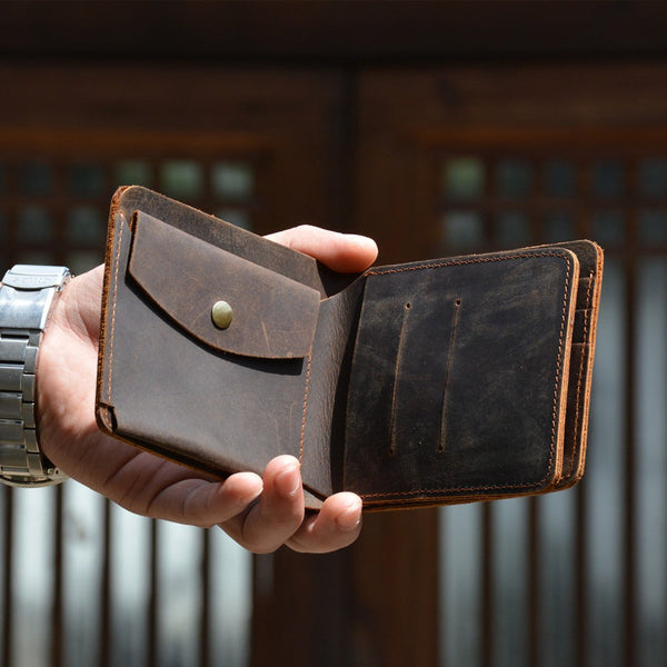 Brown Leather Billfold Wallet for Men Vintage Trifold Wallet Leather Small Wallet For Men