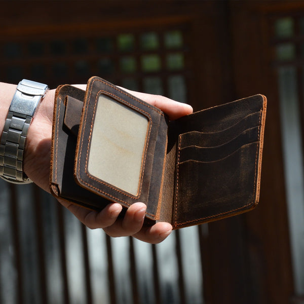 Vintage Leather Billfold Wallet for Men Brown Trifold Wallet Leather Small Wallet For Men