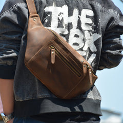 Vintage Leather Fanny Pack Men's Dark Brown Chest Bag Hip Bag Waist Bag For Men