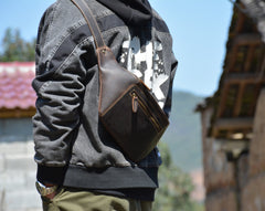 Vintage Leather Fanny Pack Men's Dark Brown Chest Bag Hip Bag Waist Bag For Men