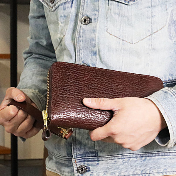 Vintage Brown Leather Mens Clutch Large Distressed Wallet Zipper Clutch Wristlet Wallet for Men - iwalletsmen