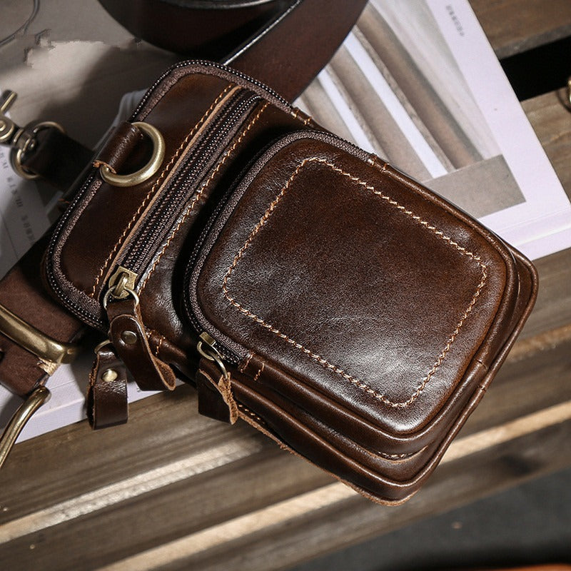 Vintage Leather Mens Phone Holster Belt Pouch Black Waist Pouch Belt Bags For Men