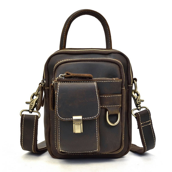 Vintage Mens Coffee Leather Small Vertical Handbag Waist Bag Vertical Crossbody Bag Side Bags For Men