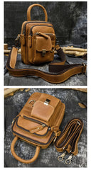 Vintage Mens Tan Leather Small Vertical Handbag Waist Bag Vertical Crossbody Bag Side Bags For Men