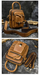 Vintage Coffee Leather Small Vertical Handbag - Wallet Pocket Detail