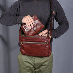 Vintage Black Leather Mens Cool Small Side Bag Messenger Bag Brown Postman Courier Bag for Men - iwalletsmen