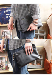 Vintage Black Soft Leather Mens Clutch Wallet Wristlet Bag Zipper Clutch Bag For Men - iwalletsmen