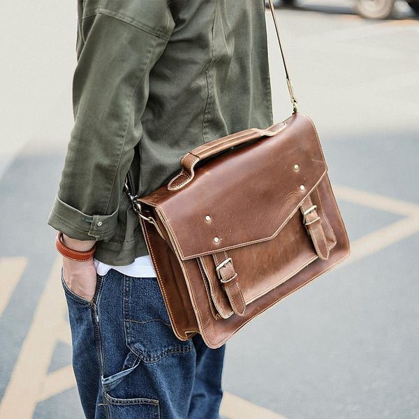 Vintage Brown Mens Leather Briefcase Work Handbag Black 14'' Computer Briefcases For Men - iwalletsmen