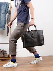 Vintage Black Mens Leather Briefcase Work Handbags Blue 14'' Computer Briefcases For Men - iwalletsmen