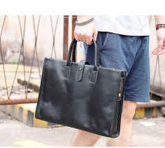 Vintage Black Mens Leather Briefcase Work Handbags Blue 14'' Computer Briefcases For Men - iwalletsmen