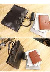 Vintage Black Mens Leather Briefcase Work Handbags Blue 14'' Computer Briefcases For Men - iwalletsmen