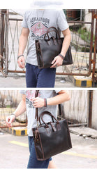Vintage Black Mens Leather Briefcase Work Handbags Blue 14'' Computer Briefcases For Men - iwalletsmen