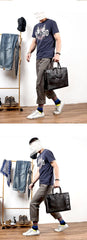 Vintage Black Mens Leather Briefcase Work Handbags Blue 14'' Computer Briefcases For Men - iwalletsmen