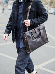 Vintage Black Mens Leather Briefcase Work Handbags Blue 14'' Computer Briefcases For Men - iwalletsmen