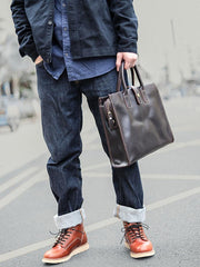 Vintage Black Mens Leather Briefcase Work Handbags Blue 14'' Computer Briefcases For Men - iwalletsmen