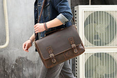 Vintage Black Mens Leather Briefcase Work Handbags Brown 14'' Computer Briefcases For Men - iwalletsmen